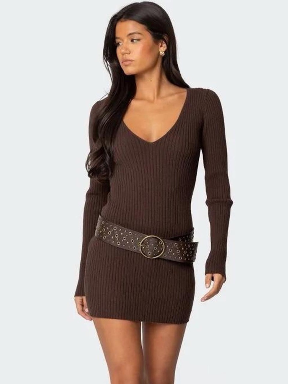 Edikted Chocolate Brown Ribbed V-Neck Long Sleeve Sweater Dress